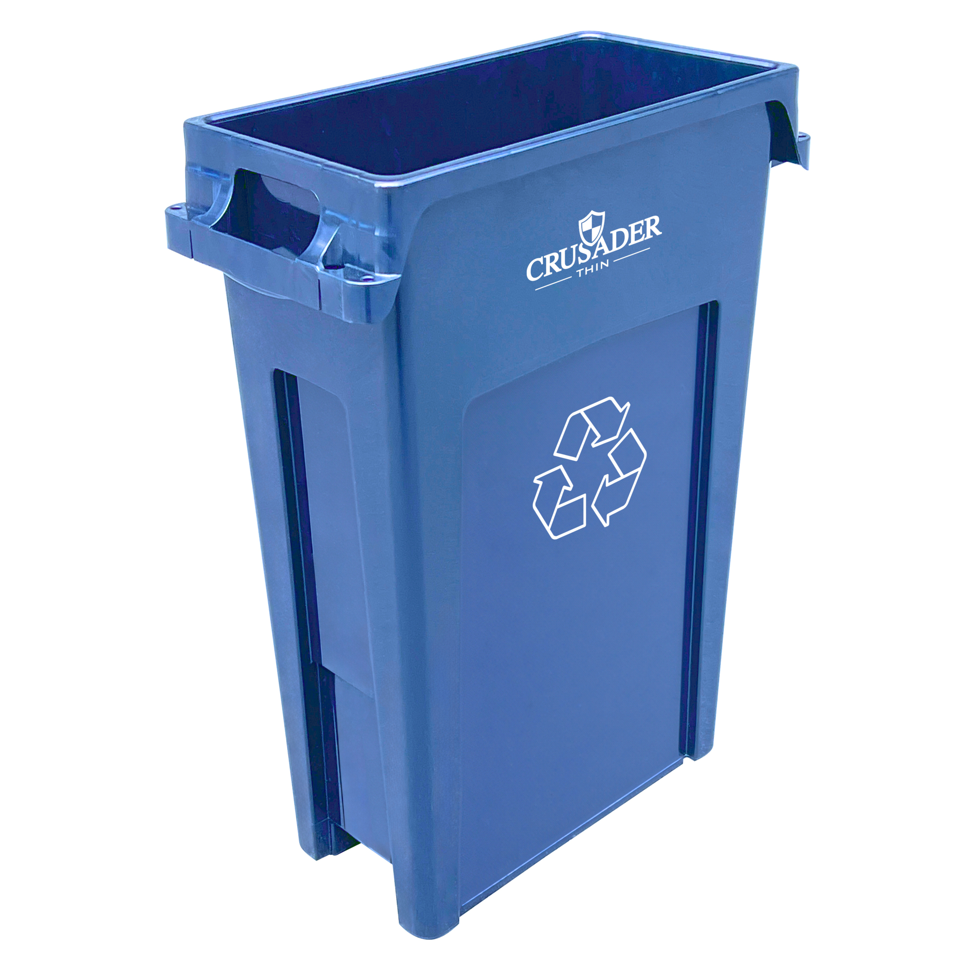 Crusader Thin Recyclining Container, 23 Gallon, 22"D x 11"W x 30"H, with recycle symbol, Blue, NSF, Made in USA